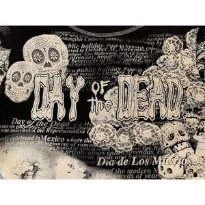 Day Of The Dead Skulls Skeleton Black Tee Women's Medium Dia de Los Muertos  AOP